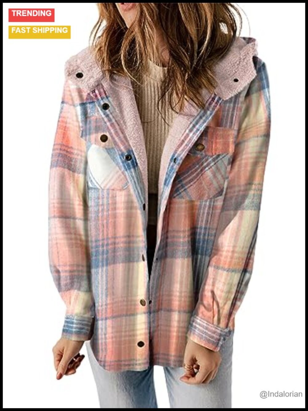 Women's Plaid Fleece Hooded Shacket Jacket with Button Front